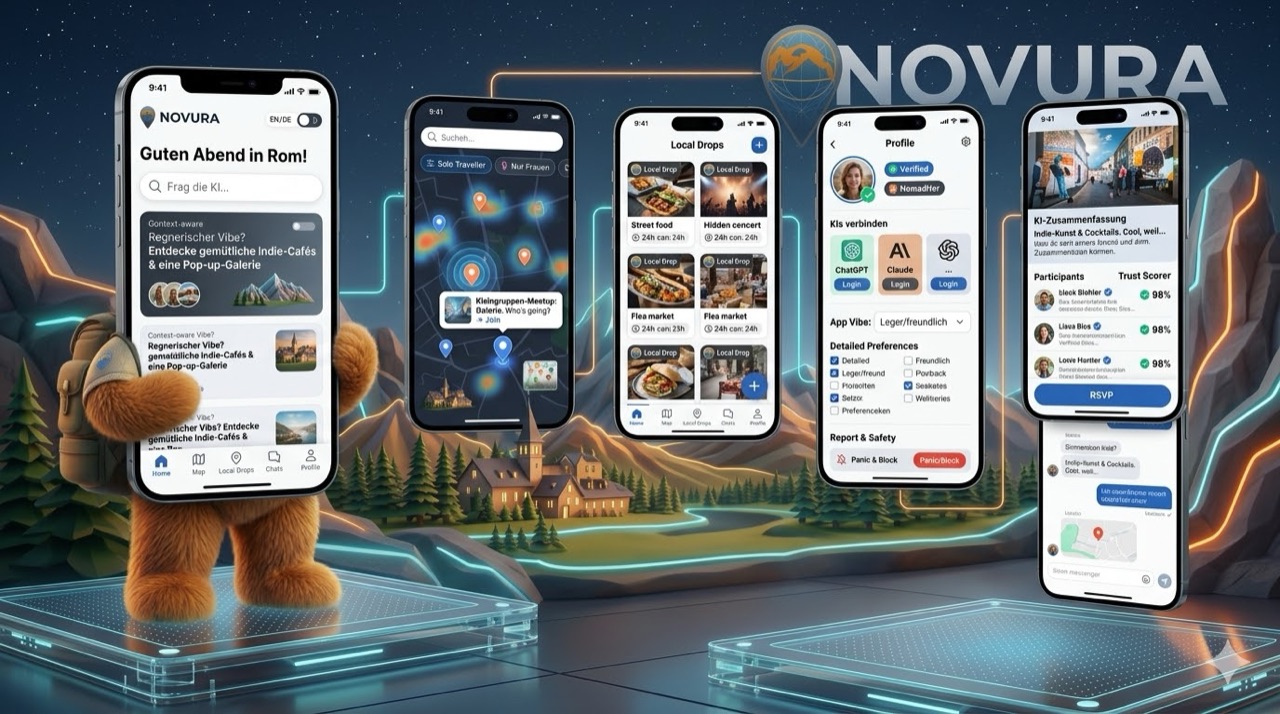 NOVURA App: kuratierter Feed, Karte, Local Drops, Profil, KI-Zusammenfassung